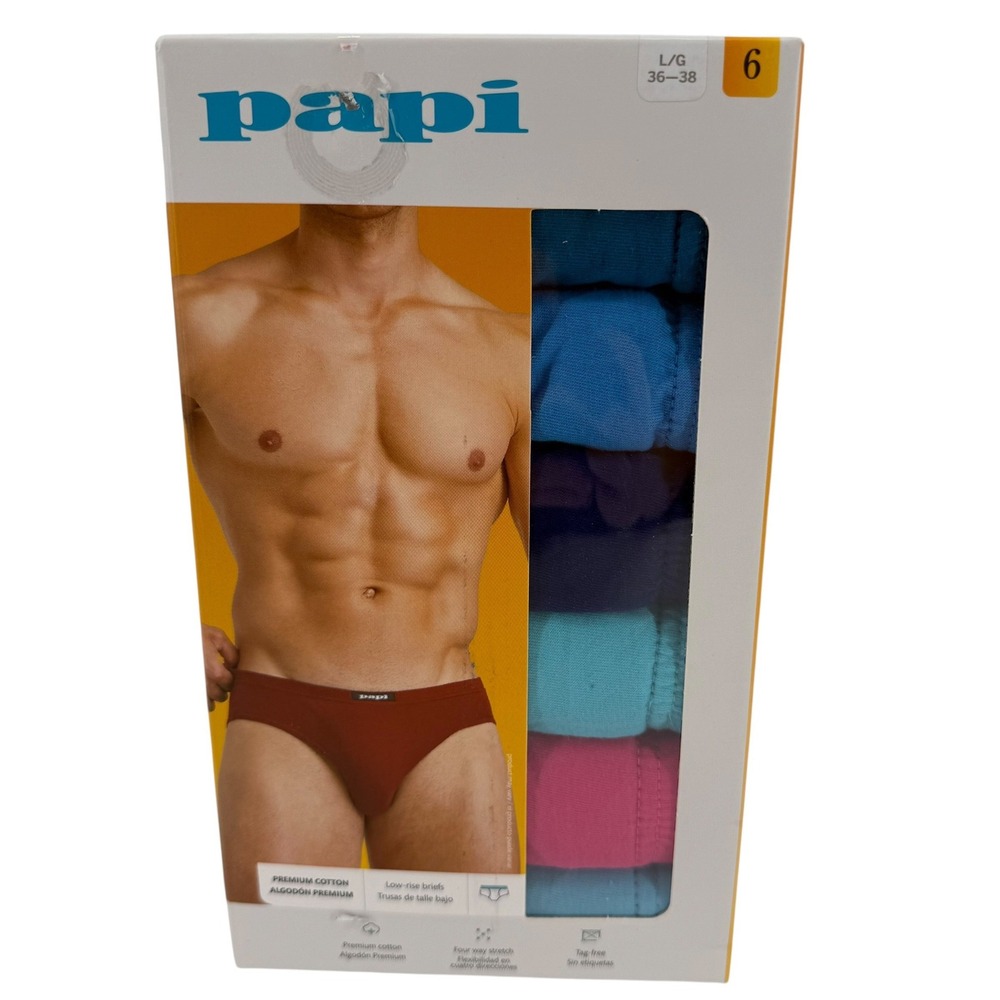 Papi Mens 6 Pack Premium Cotton Low Rise Briefs Multi Color Size Large 36-38 NEW